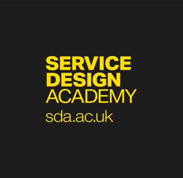 The Service Design Academy logo with a yellow sans-serif font on a dark background, and the website sda.ac.uk.