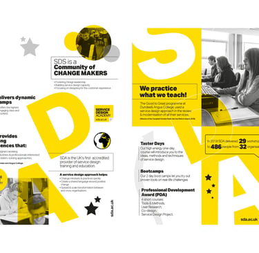 Service Design Academy brochure featuring professional development courses, boot camps, and yellow typography.