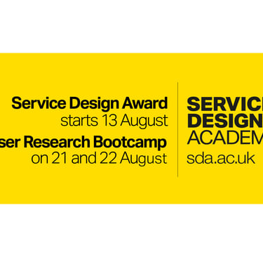 Service Design Academy announcement for Award and User Research Bootcamp in August.
