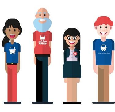 Flat vector illustration of a diverse group of people representing a delivery service team.