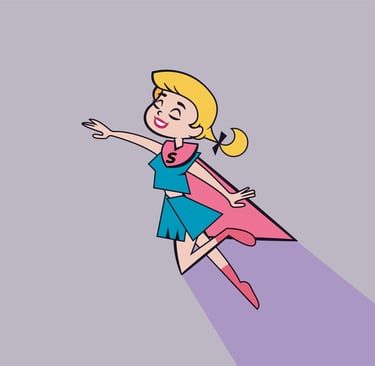 Vintage cartoon illustration of a blonde superhero girl in a blue costume and pink cape flying.