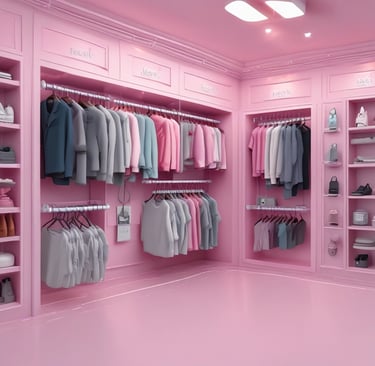 A modern sneaker collection displayed on a sleek shelf with soft pink lighting