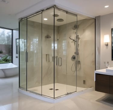 Polished glass cabinet doors showcasing fine china in a high-end kitchen.