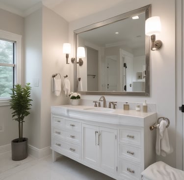 Crystal-clear glass shower doors shining under soft bathroom lighting.