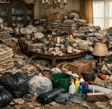 A dining room full of newspapers and clutter