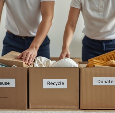 sorting goods into recycling and donation boxes