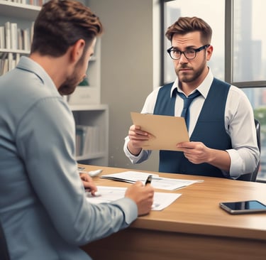 Professional lawyer reviewing labor documents in a modern office with navy blue and gold decor.