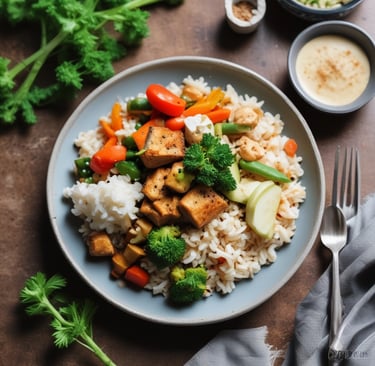 Close-up of a colorful bowl of plant-based protein smoothie topped with fresh fruits and seeds.