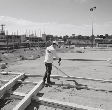 Portrait of a smiling middle-aged man in a casual shirt, standing in front of a construction site.