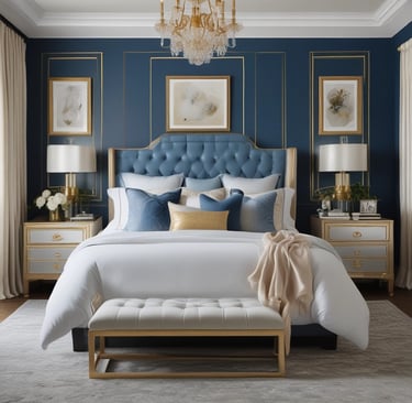 A chic glam living room with plush blue velvet sofas, gold accents, and elegant lighting that radiate luxury.