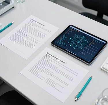 An overhead high-end photograph of a pristine white desk in a Mexico City research lab. On the desk are carefully arranged printed research drafts on digital violence and cyber grooming prevention, next to a sleek dark slate blue tablet displaying network code. The aesthetic is clean, sharp, and highly professional, with subtle teal accents on writing tools.
