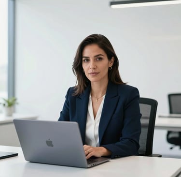 A professional portrait of a female Mexican computer systems engineer and digital rights activist in a minimalist, modern office in Mexico City. She has a confident, authoritative expression, representing high-end professionalism. The background is pristine white and very clean, featuring subtle technological elements like a sleek dark slate blue laptop. The atmosphere is intellectually rigorous with soft, bright, natural lighting.