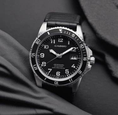 Close-up of a sleek black dial watch with luminous hands glowing softly against a dark background