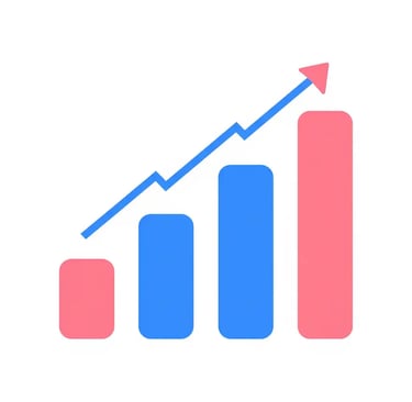 Business bar chart icon showing upward growth with a blue trend line and arrow.