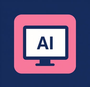 A pink square icon featuring a computer monitor with the text AI for artificial intelligence software.
