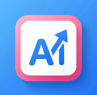A blue AI icon with a rising arrow inside a pink and white rounded square for artificial intelligence growth.