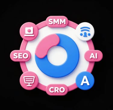 3D digital marketing wheel showing SEO, SMM, CRO, and AI icons for strategy and data analysis.