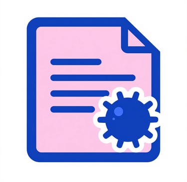 Pink digital document icon with a blue virus or malware symbol for cybersecurity data protection.