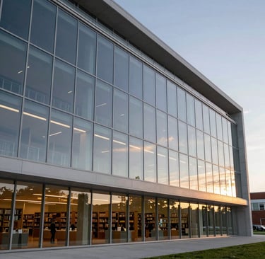 A sophisticated architectural photograph of a modern library and community hub, glass facade reflecting a sunset, clean geometric lines, North American setting, conveying progress and knowledge.