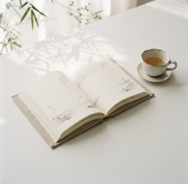 Clean, minimalist photography of a beautifully bound book cover (Chinese or English, neutral tone) lying open on a white surface, with soft, diffused morning light casting subtle botanical shadows. A single delicate tea cup is placed beside it, plenty of negative space, 35mm.