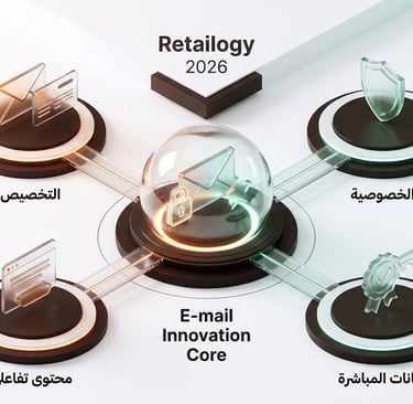 إنفوجرافيك ثلاثي الأبعاد لشركة Retailogy 2026 يوضح اتجاهات ابتكار البريد الإلكتروني، ويتضمن أربع ركا