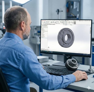 A person sitting at a desk using a computer to design a gear