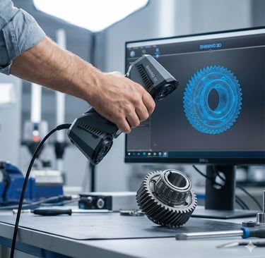 A person is holding using a 3d scanner to scan a gear
