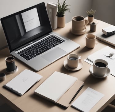 A sleek black and white photo of a modern office desk with a minimalist laptop and a clean white coffee cup.