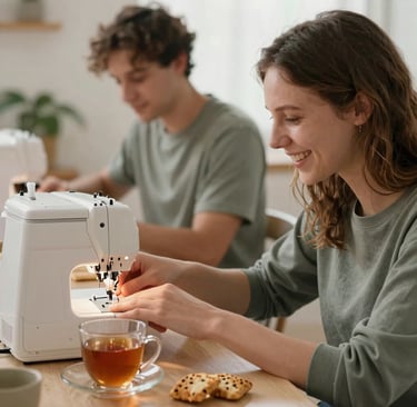 Élève souriante utilisant une surjeteuse et buvant un thé