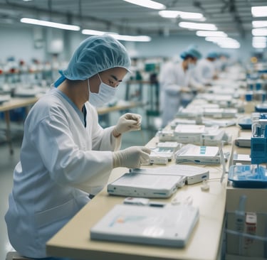A bright, modern pilot factory floor with engineers working on medical device prototypes.