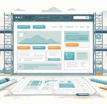 Website development concept showing a site layout under construction with blueprints and scaffolding.