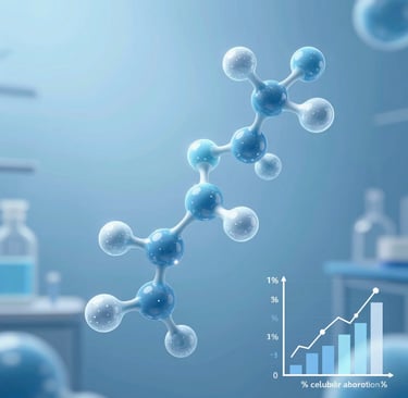 3D molecular structure model floating in a blue laboratory setting with a cellular data growth chart.