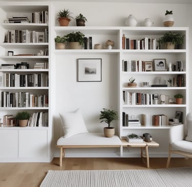 A cozy, sunlit corner of a home with potted plants and natural cleaning products arranged neatly on a wooden shelf.