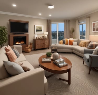 A cozy living room in the community residence with warm lighting and comfortable seating.