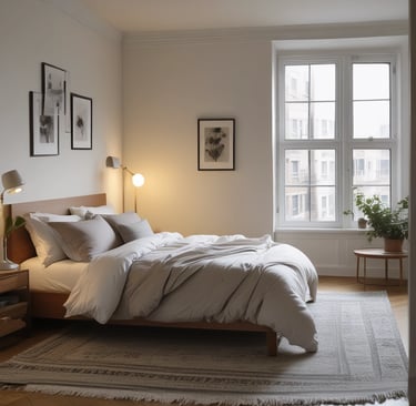 A quiet bedroom featuring simple, clean furnishings promoting restful sleep.