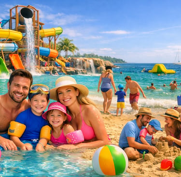 Een gelukkig gezin geniet van een zomervakantie in een tropisch waterpark en strandresort met kleurr