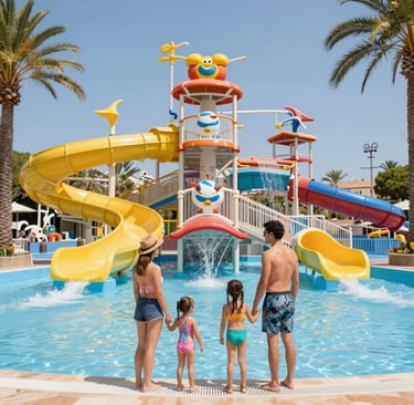 Een gezin staat voor een kleurrijk waterpark met gele glijbanen en een kinderbad. in Mallorca,Spanje