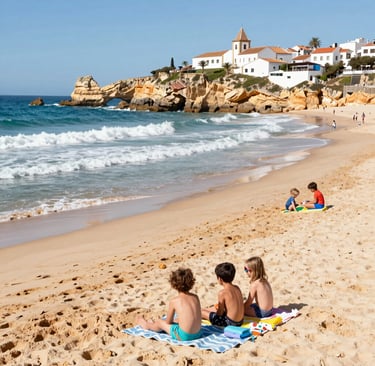 Kinderen zitten op een zandstrand in de Algarve, Portugal, met schilderachtige kliffen aan de oceaan