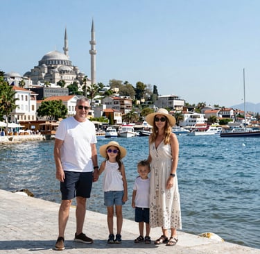 Een gezin van vier poseert aan het water in Turkije, met een historische moskee en stadshaven.