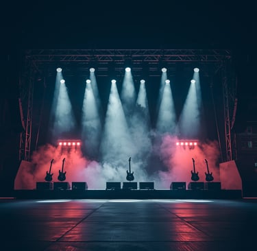 Palco de show de rock iluminado à noite com guitarras e luzes de concerto