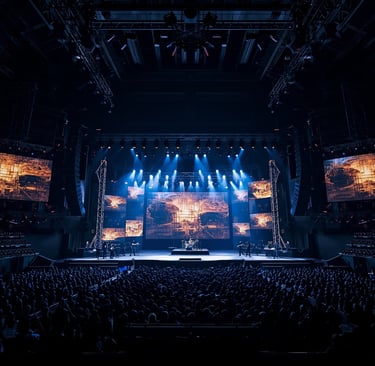 Grande palco de concerto com iluminação avançada e estrutura de show moderno