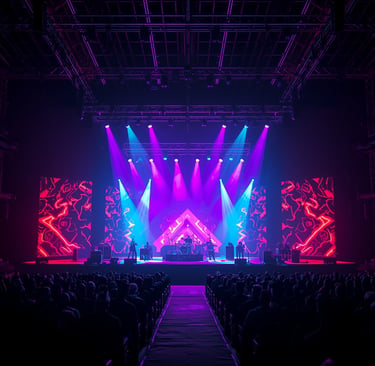 Palco moderno de festival de rock com iluminação colorida e estrutura profissional