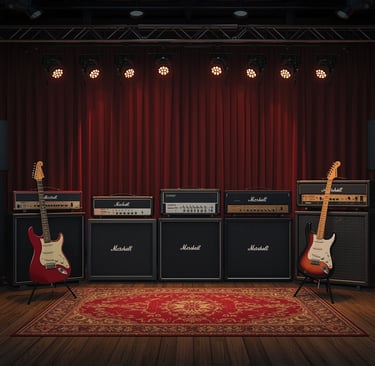 Palco de rock com equipamentos vintage e iluminação nostálgica dos anos 80 e 90