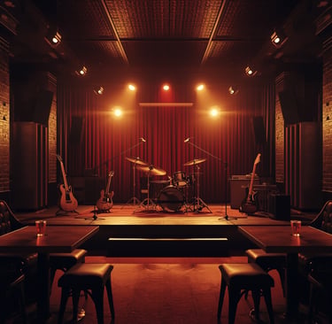 Interior de rock bar com palco vazio e instrumentos prontos para show ao vivo