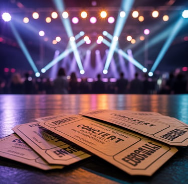 Ingressos de show sobre mesa com luzes de palco ao fundo em ambiente de evento