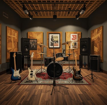 Estúdio de ensaio com instrumentos musicais prontos para formar uma banda de rock