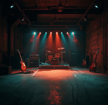 Palco de show com iluminação intensa e efeitos de fumaça criando atmosfera marcante