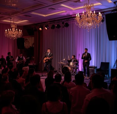 Banda tocando em evento corporativo em São Paulo com público participando