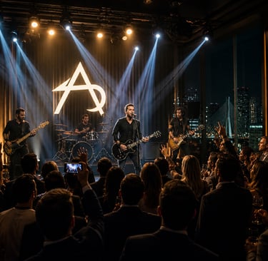 Banda de alto nível se apresentando ao vivo em evento sofisticado em São Paulo com iluminação profissional