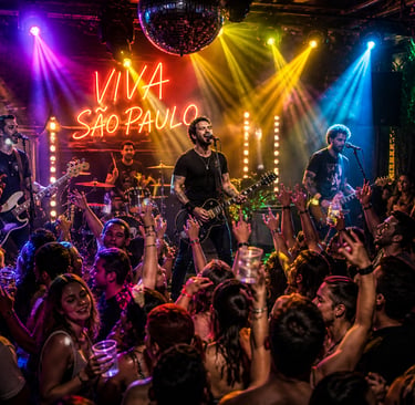 Banda tocando ao vivo em festa em São Paulo com público animado e pista cheia